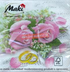 Obrúsky Maki 33x33cm 20ks- Svadobné ružové ruže + prstienky